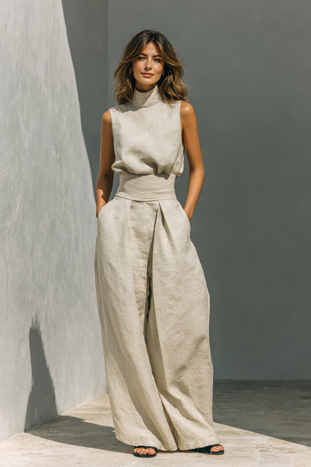 Elsie Women’s Outfit featuring a stylish sleeveless top and wide-leg trousers in a minimalist design, perfect for casual or formal occasions. 1
