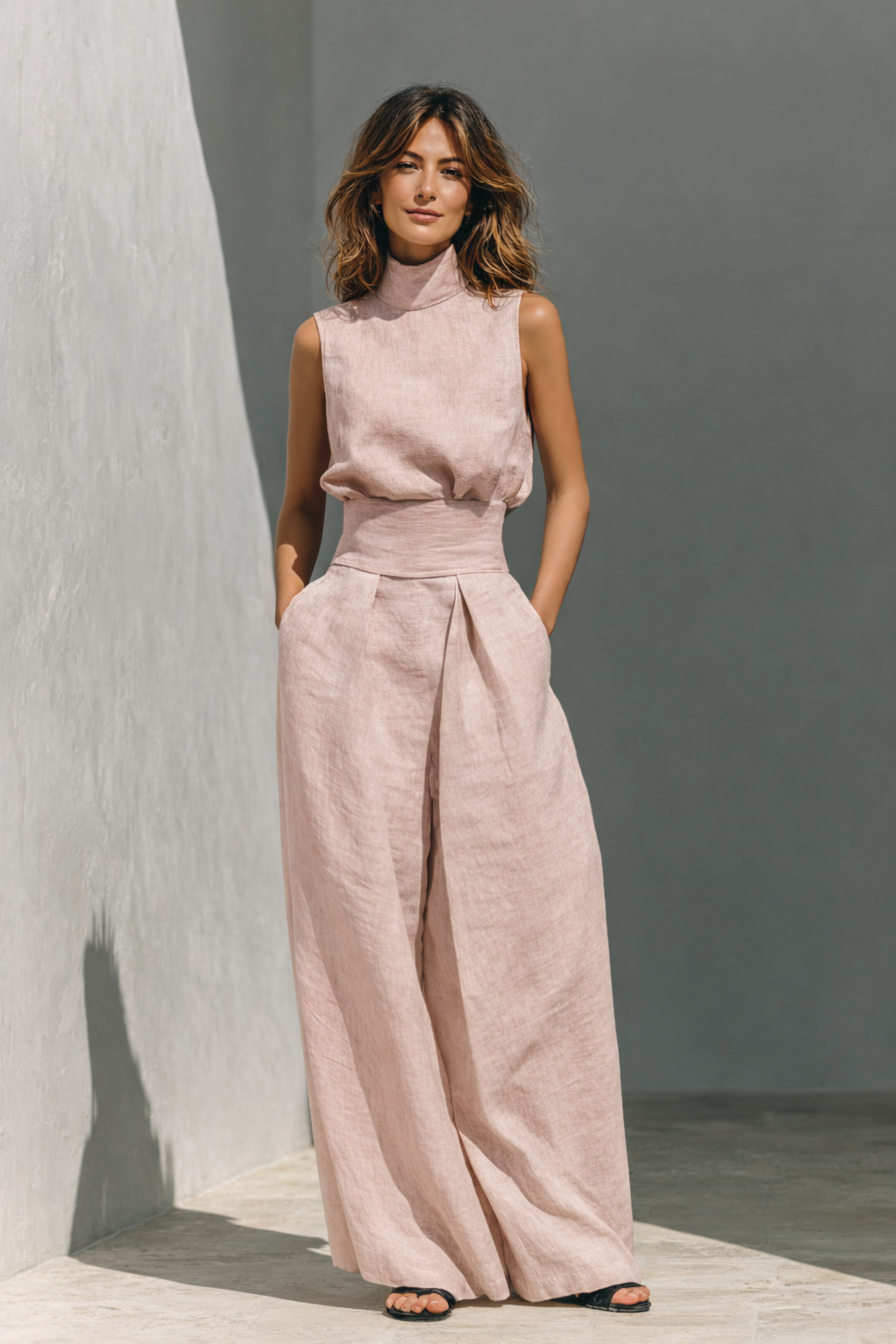 Elsie Women’s Outfit featuring a stylish sleeveless top and wide-leg trousers in a minimalist design, perfect for casual or formal occasions. 3