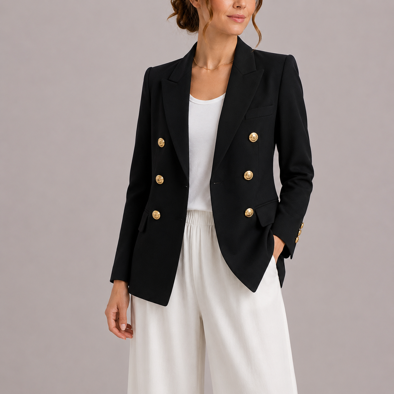 Elysia Women's Double-Breasted Blazer featuring gold buttons and a tailored fit, perfect for a stylish and sophisticated look. 0