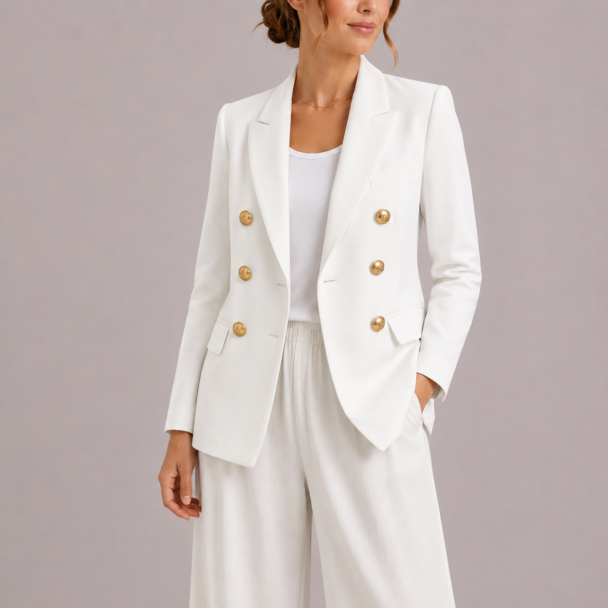 Elysia Women's Double-Breasted Blazer featuring gold buttons and a tailored fit, perfect for a stylish and sophisticated look. 4