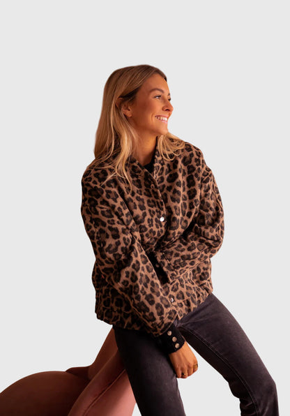 Elysia Women's Jacket featuring a tailored silhouette and stylish leopard print design, perfect for adding a bold touch to any outfit. 1