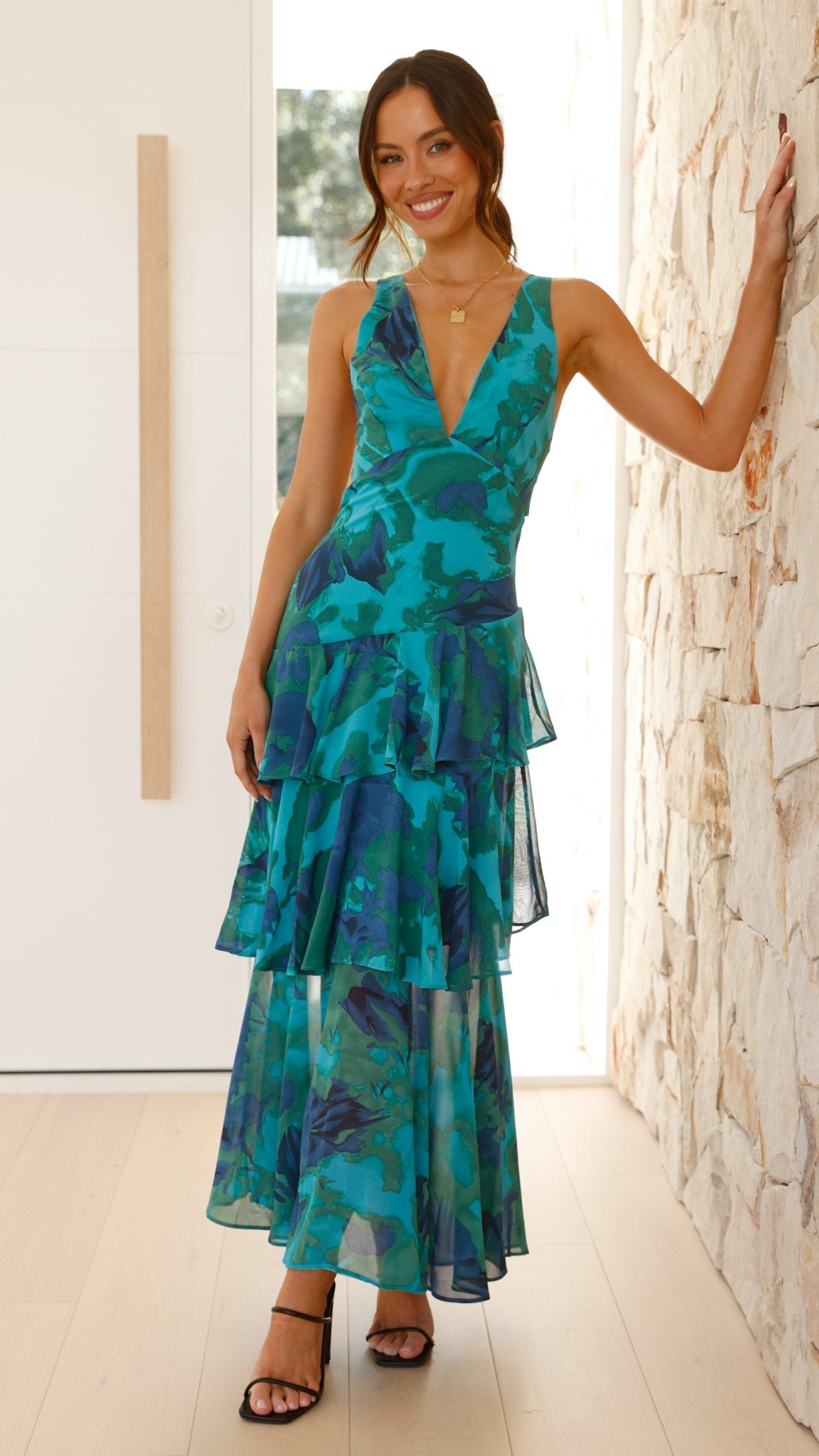 Elysia Women’s Maxi Dress featuring a stylish deep V-neckline and a flowing tiered ruffle skirt, perfect for summer outings and casual elegance 1
