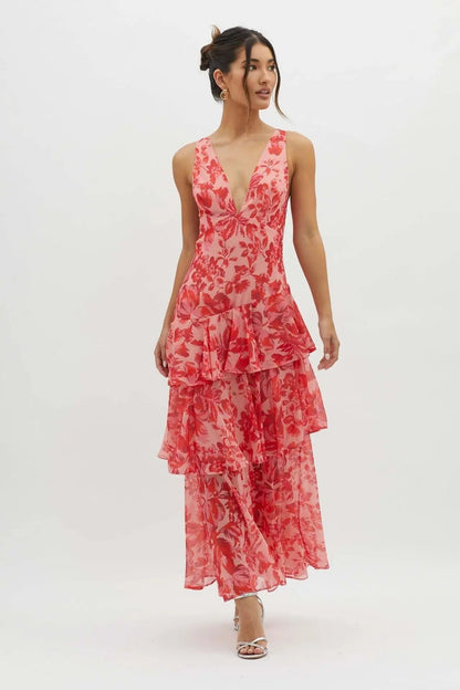 Elysia Women’s Maxi Dress featuring a stylish deep V-neckline and a flowing tiered ruffle skirt, perfect for summer outings and casual elegance 10