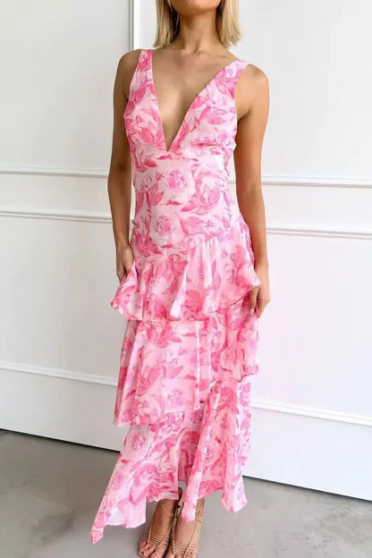 Elysia Women’s Maxi Dress featuring a stylish deep V-neckline and a flowing tiered ruffle skirt, perfect for summer outings and casual elegance 11