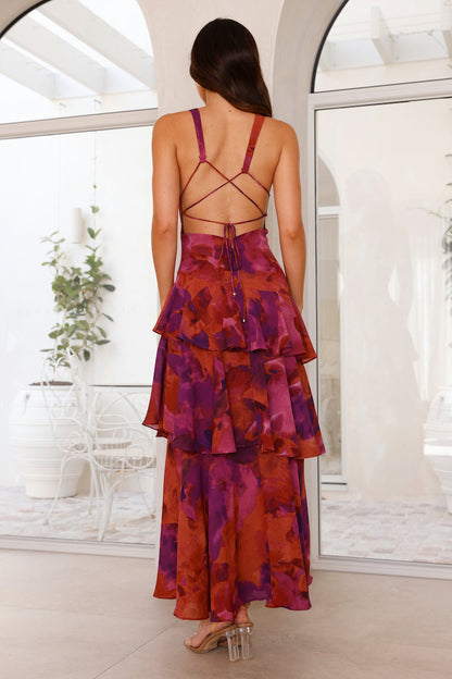 Elysia Women’s Maxi Dress featuring a stylish deep V-neckline and a flowing tiered ruffle skirt, perfect for summer outings and casual elegance 8