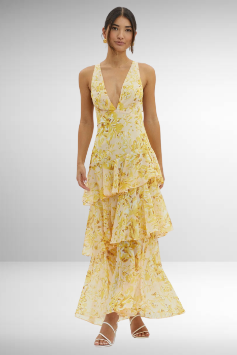 Elysia Women’s Maxi Dress featuring a stylish deep V-neckline and a flowing tiered ruffle skirt, perfect for summer outings and casual elegance 9
