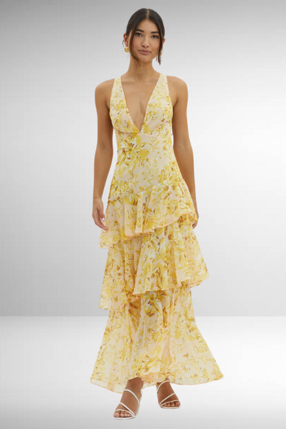 Elysia Women’s Maxi Dress featuring a stylish deep V-neckline and a flowing tiered ruffle skirt, perfect for summer outings and casual elegance 9