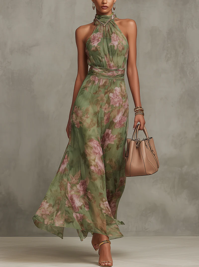 Elysia Women's Maxi Dress featuring a vibrant floral print and elegant halter neck design, perfect for summer outings and special occasions. 0