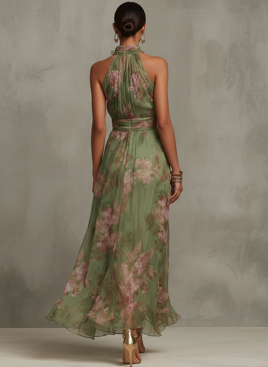 Elysia Women's Maxi Dress featuring a vibrant floral print and elegant halter neck design, perfect for summer outings and special occasions. 1