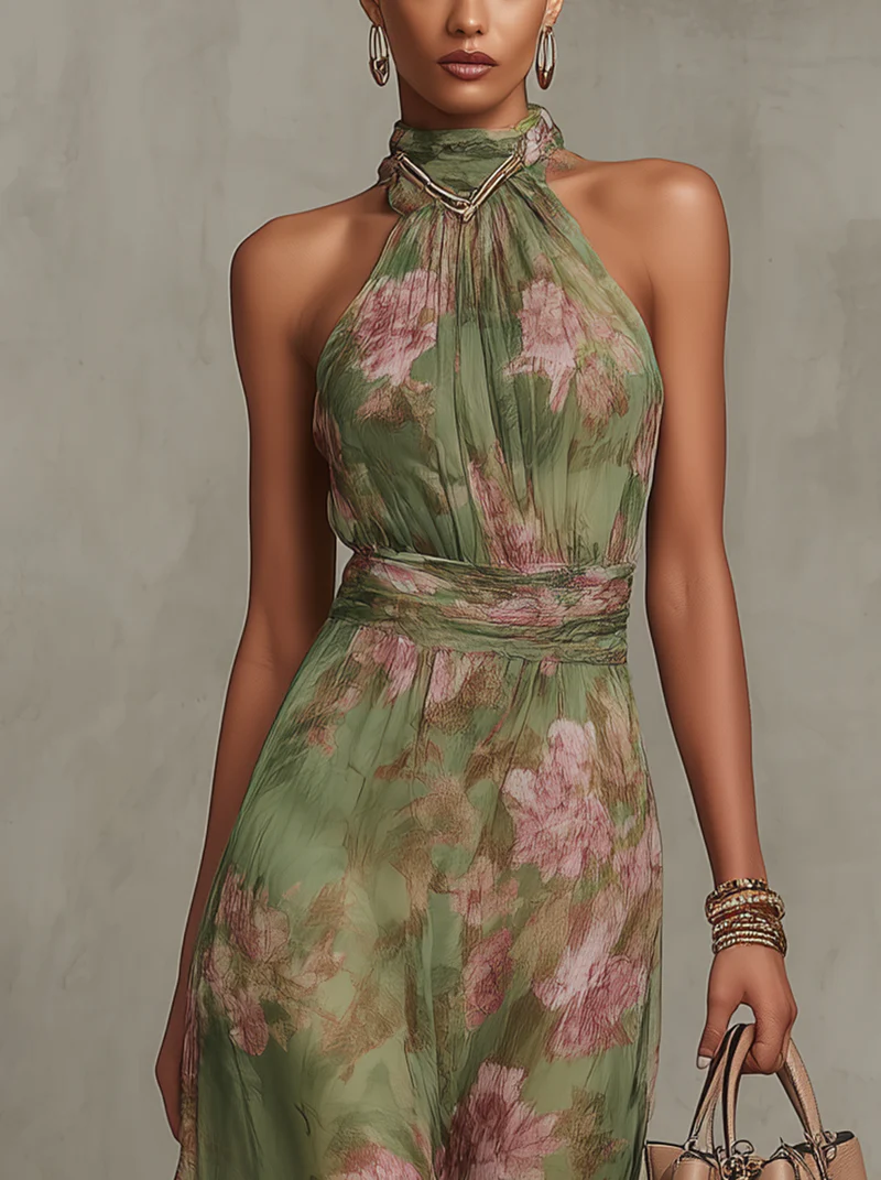 Elysia Women's Maxi Dress featuring a vibrant floral print and elegant halter neck design, perfect for summer outings and special occasions. 2