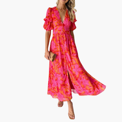 Elysia Women's Maxi Dress featuring a stylish V-neck and elegant puff sleeves, perfect for summer events and gatherings. 0