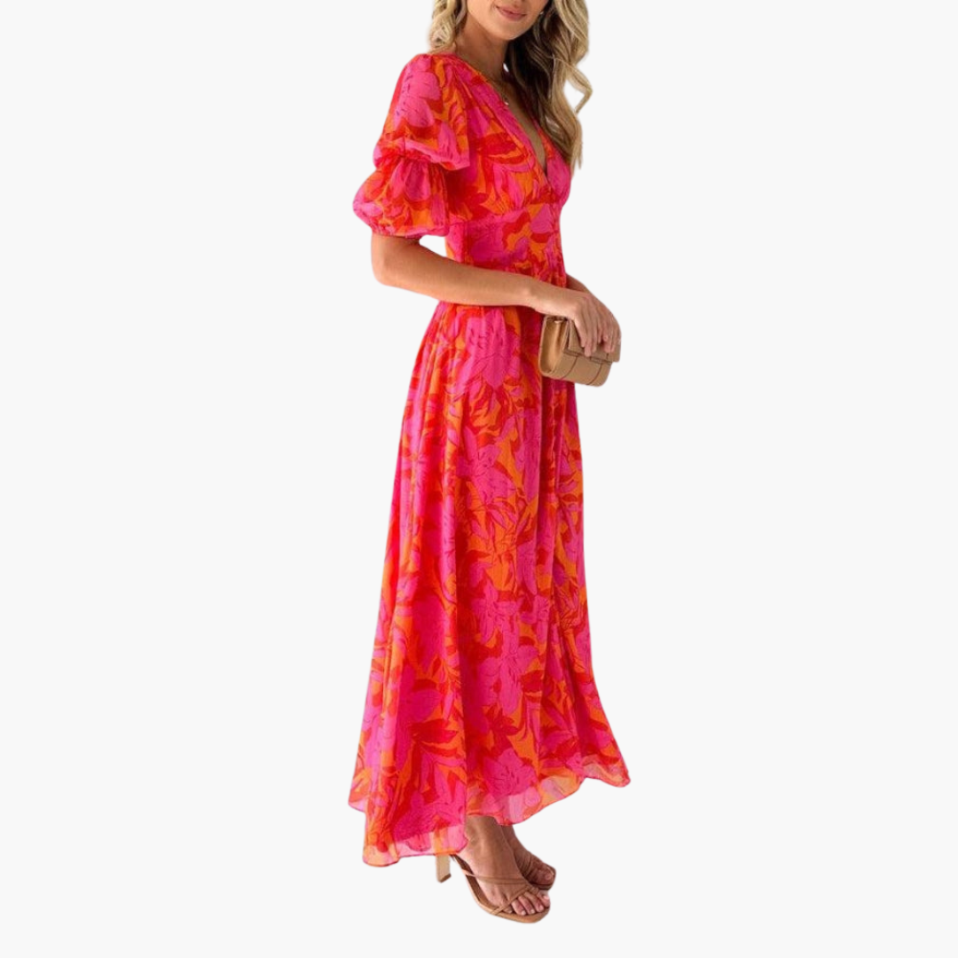 Elysia Women's Maxi Dress featuring a stylish V-neck and elegant puff sleeves, perfect for summer events and gatherings. 1