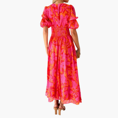 Elysia Women's Maxi Dress featuring a stylish V-neck and elegant puff sleeves, perfect for summer events and gatherings. 2