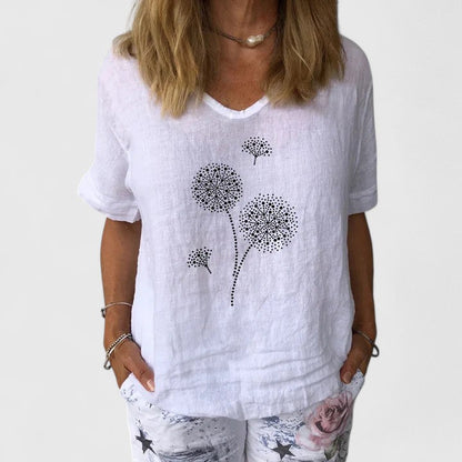Elysia Women’s Summer Blouse featuring a loose fit design and vibrant casual print, perfect for warm weather outings. 2