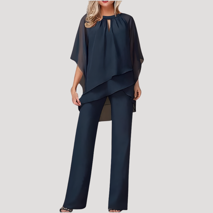 Elysia Women’s Trouser Suit featuring a stylish flowing chiffon overlay, perfect for formal occasions and elegant events. 0