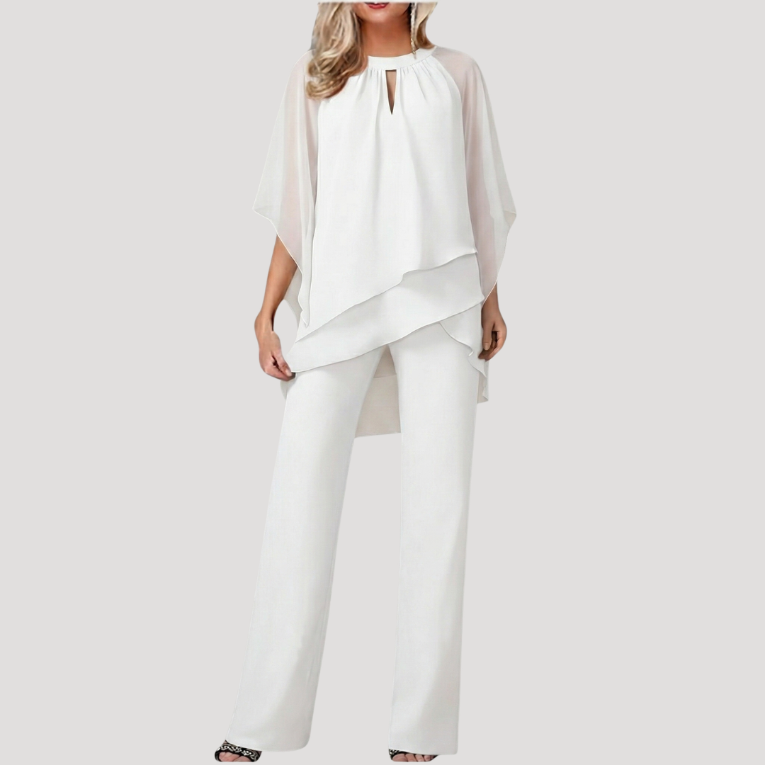 Elysia Women’s Trouser Suit featuring a stylish flowing chiffon overlay, perfect for formal occasions and elegant events. 2