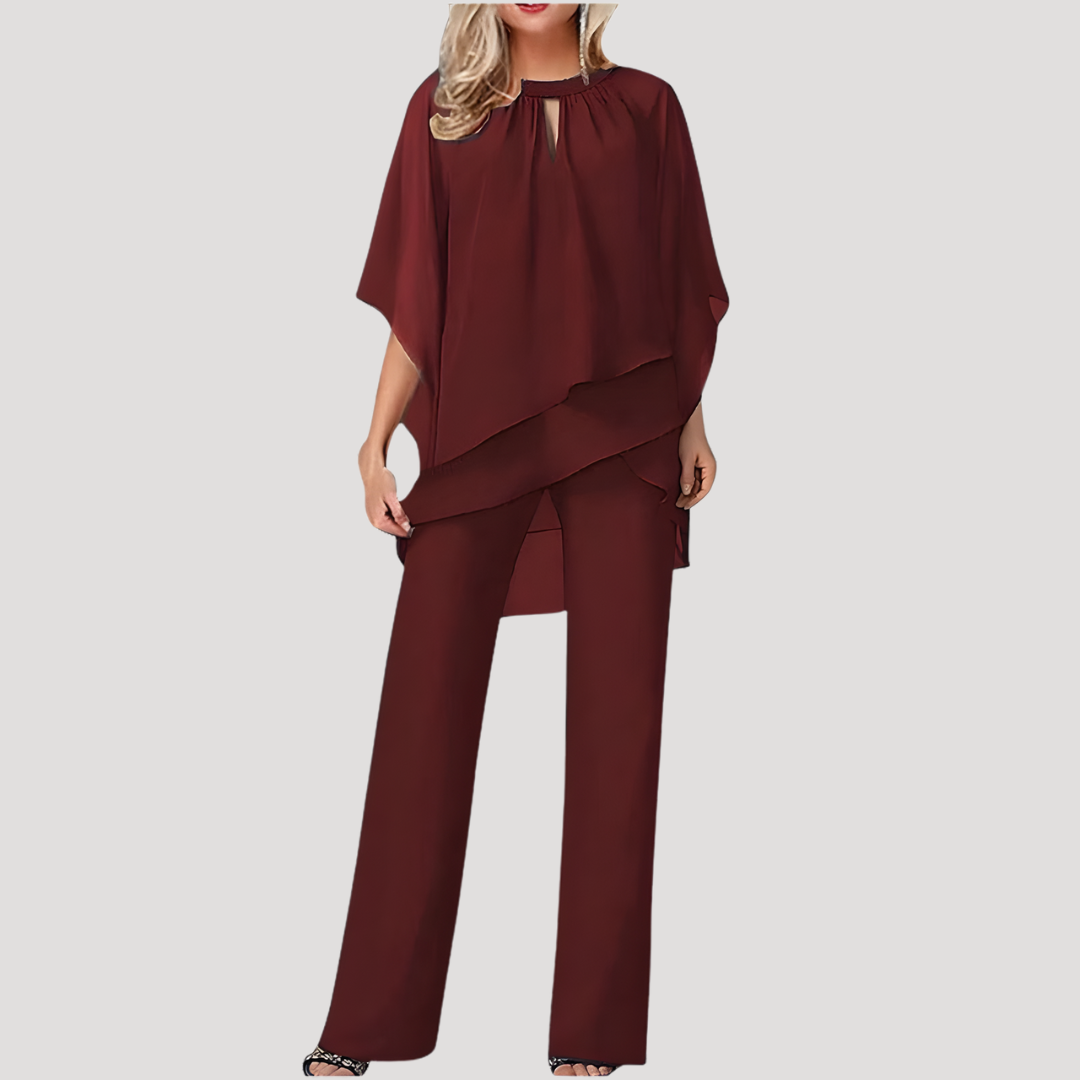 Elysia Women’s Trouser Suit featuring a stylish flowing chiffon overlay, perfect for formal occasions and elegant events. 3