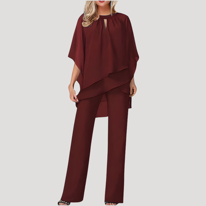 Elysia Women’s Trouser Suit featuring a stylish flowing chiffon overlay, perfect for formal occasions and elegant events. 3