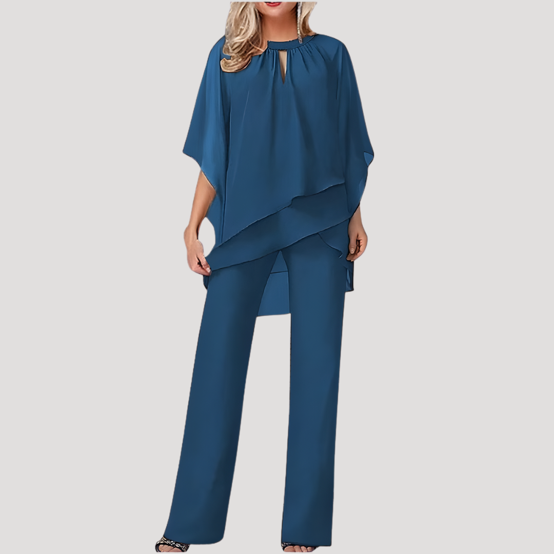 Elysia Women’s Trouser Suit featuring a stylish flowing chiffon overlay, perfect for formal occasions and elegant events. 4