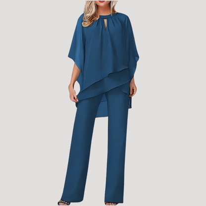 Elysia Women’s Trouser Suit featuring a stylish flowing chiffon overlay, perfect for formal occasions and elegant events. 4