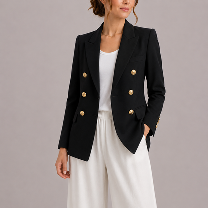 Elysian Women's Blazer featuring a stylish double-breasted design and elegant gold button accents, perfect for sophisticated office wear or chic casual outings. 0