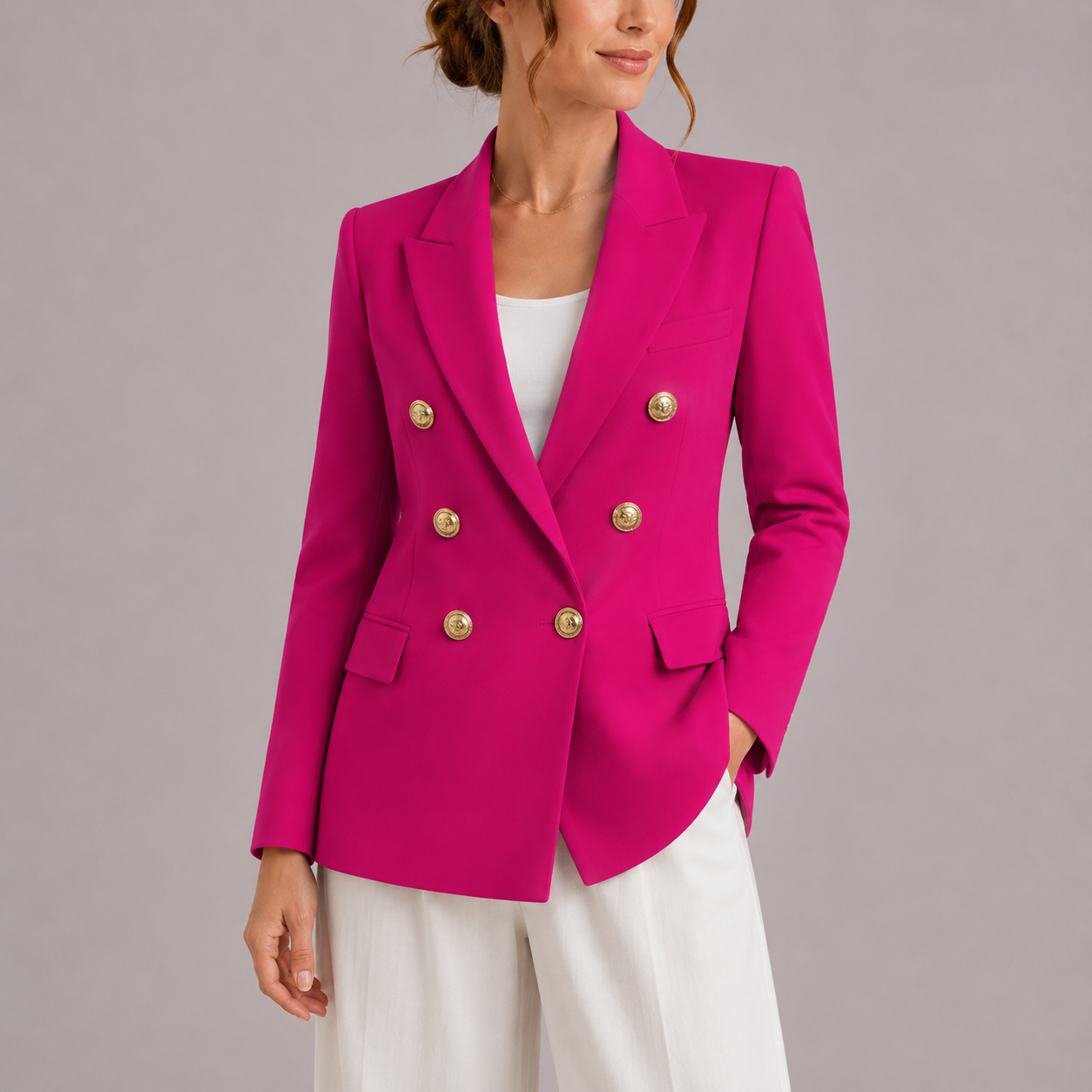 Elysian Women's Blazer featuring a stylish double-breasted design and elegant gold button accents, perfect for sophisticated office wear or chic casual outings. 3