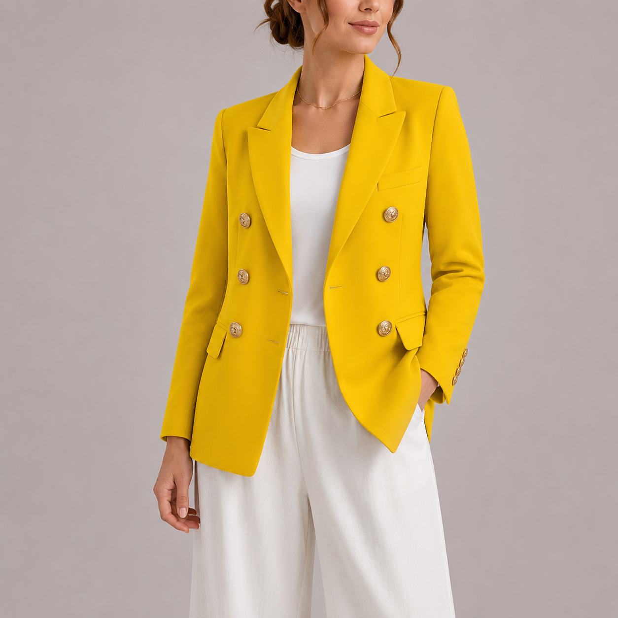 Elysian Women's Blazer featuring a stylish double-breasted design and elegant gold button accents, perfect for sophisticated office wear or chic casual outings. 5
