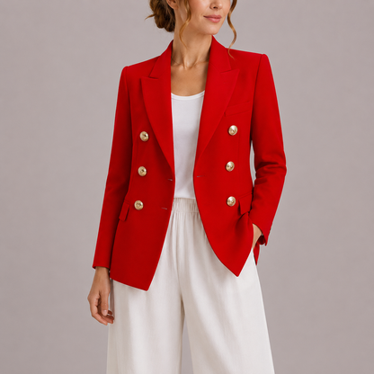 Elysian Women's Blazer featuring a stylish double-breasted design and elegant gold button accents, perfect for sophisticated office wear or chic casual outings. 6