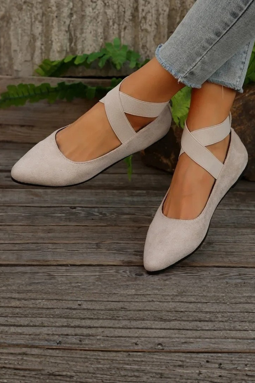 Ember Women’s Ballet Flats featuring a pointed toe design and stylish cross ankle straps, perfect for everyday wear and elegant occasions. 1