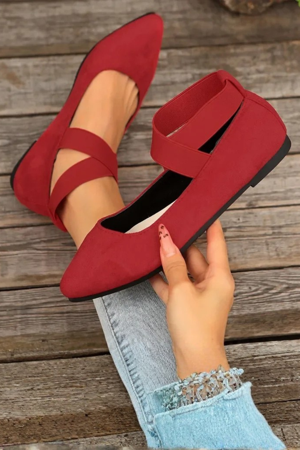 Ember Women’s Ballet Flats featuring a pointed toe design and stylish cross ankle straps, perfect for everyday wear and elegant occasions. 6