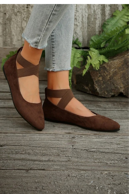 Ember Women’s Ballet Flats featuring a pointed toe design and stylish cross ankle straps, perfect for everyday wear and elegant occasions. 8