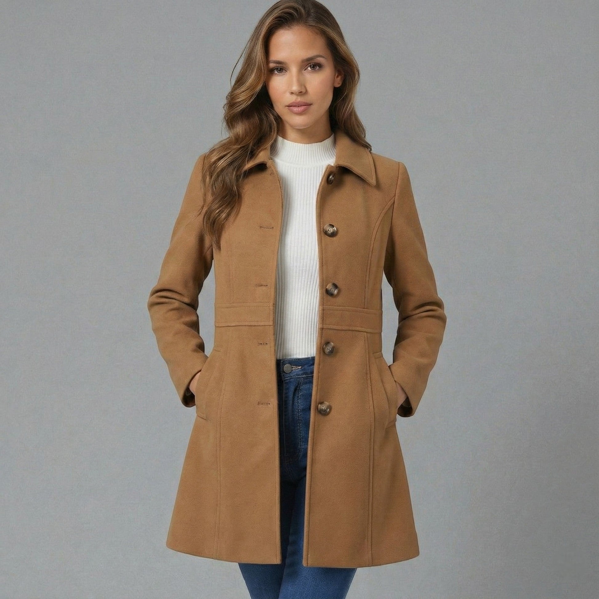Emmara Women’s A-Line Coat featuring a button closure and a structured design, perfect for stylish warmth in any season. 3