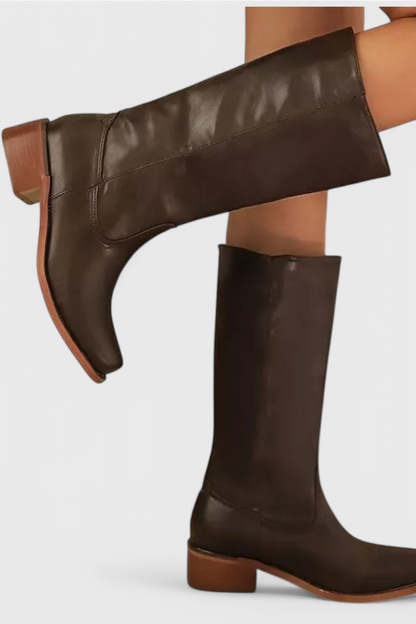 Fenella Women's Knee-High Heeled Boots in classic black, showcasing elegant design and comfortable fit for stylish all-day wear. 2