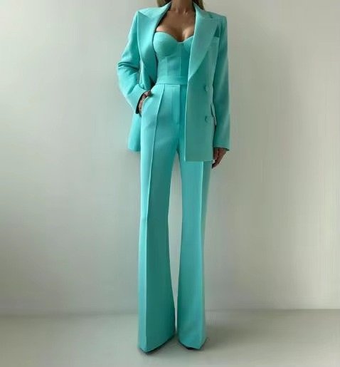 Flora Women's Blazer Set featuring a stylish single-button blazer and chic high-waist flared trousers, perfect for professional and formal occasions. 0