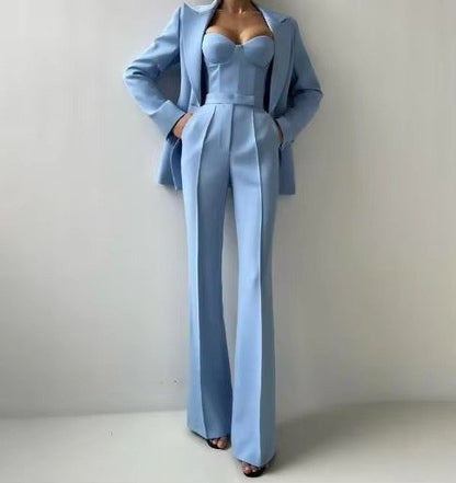 Flora Women's Blazer Set featuring a stylish single-button blazer and chic high-waist flared trousers, perfect for professional and formal occasions. 1