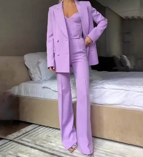 Flora Women's Blazer Set featuring a stylish single-button blazer and chic high-waist flared trousers, perfect for professional and formal occasions. 2