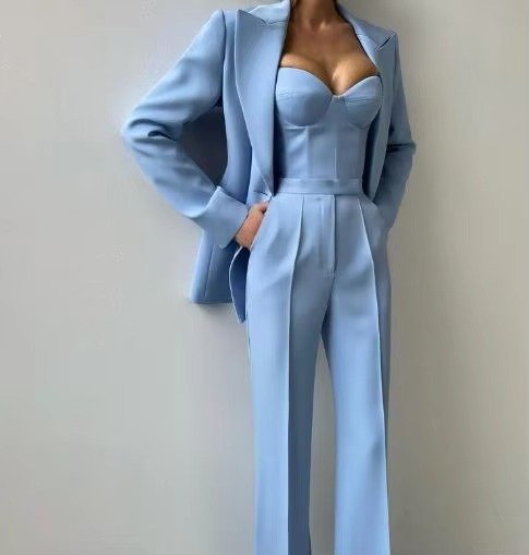 Flora Women's Blazer Set featuring a stylish single-button blazer and chic high-waist flared trousers, perfect for professional and formal occasions. 3