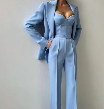 Flora Women's Blazer Set featuring a stylish single-button blazer and chic high-waist flared trousers, perfect for professional and formal occasions. 3