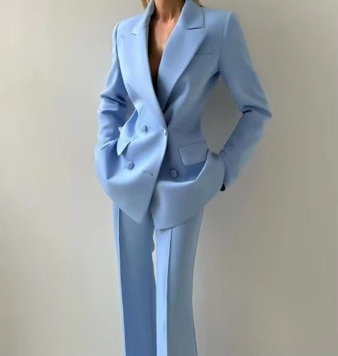 Flora Women's Blazer Set featuring a stylish single-button blazer and chic high-waist flared trousers, perfect for professional and formal occasions. 4