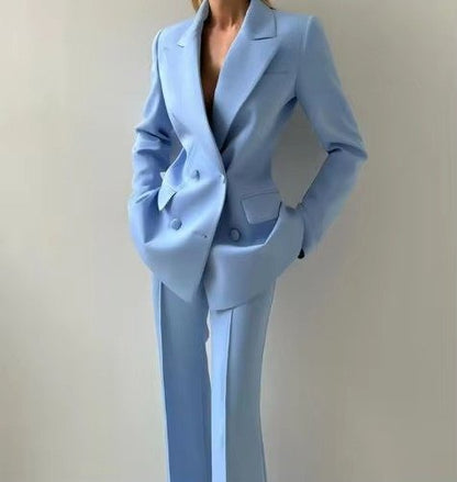Flora Women's Blazer Set featuring a stylish single-button blazer and chic high-waist flared trousers, perfect for professional and formal occasions. 4