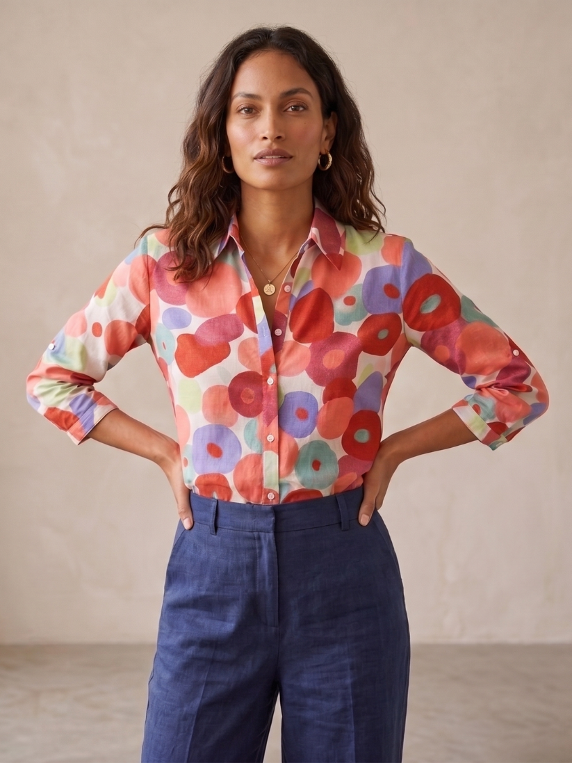 Flora Women’s Blouse featuring a vibrant floral design, long sleeves with roll-tabs, perfect for casual or office wear. 0