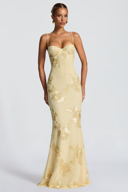 Flora Women’s Dress featuring a flattering sweetheart neckline adorned with elegant gold floral embroidery, perfect for special occasions and summer events. 0