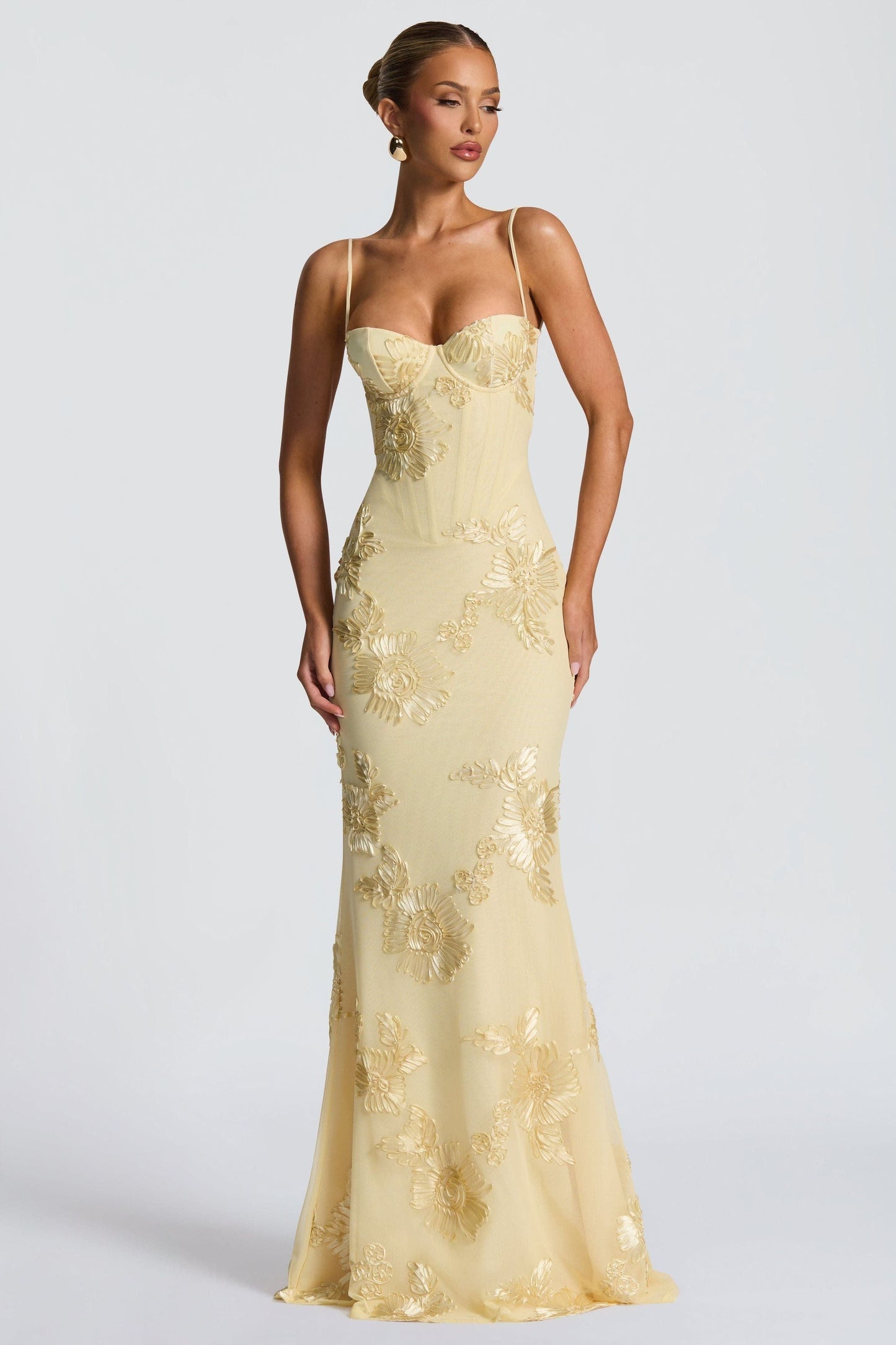Flora Women’s Dress featuring a flattering sweetheart neckline adorned with elegant gold floral embroidery, perfect for special occasions and summer events. 1
