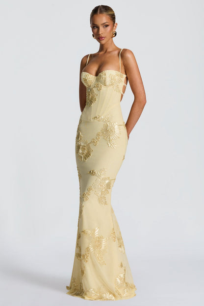 Flora Women’s Dress featuring a flattering sweetheart neckline adorned with elegant gold floral embroidery, perfect for special occasions and summer events. 3