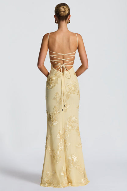 Flora Women’s Dress featuring a flattering sweetheart neckline adorned with elegant gold floral embroidery, perfect for special occasions and summer events. 4