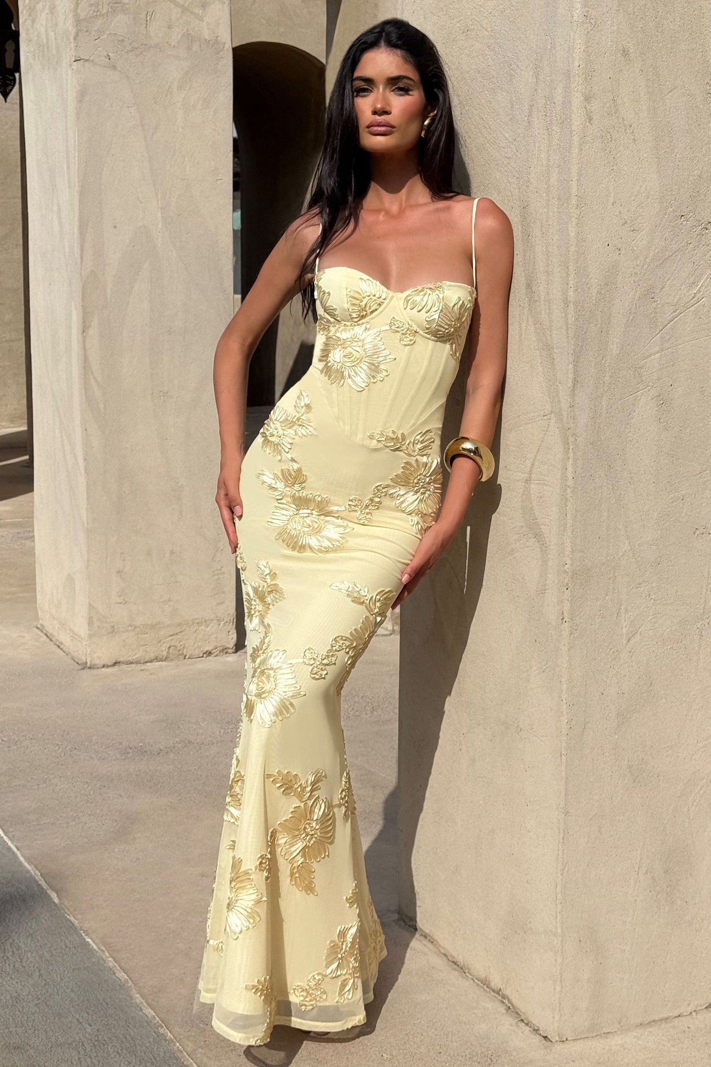 Flora Women’s Dress featuring a flattering sweetheart neckline adorned with elegant gold floral embroidery, perfect for special occasions and summer events. 6