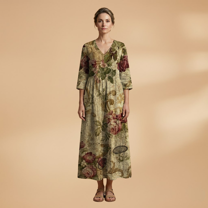 Flora Women’s Dress featuring a V-neck design and a flowing skirt adorned with a vibrant floral pattern, perfect for summer outings and special occasions. 12