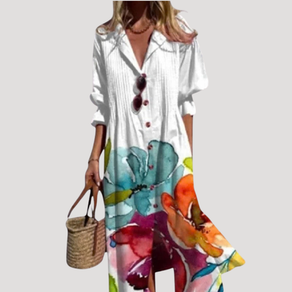 Flora Women’s Maxi Dress featuring a stylish button front and vibrant floral print, perfect for summer outings and casual events. 0