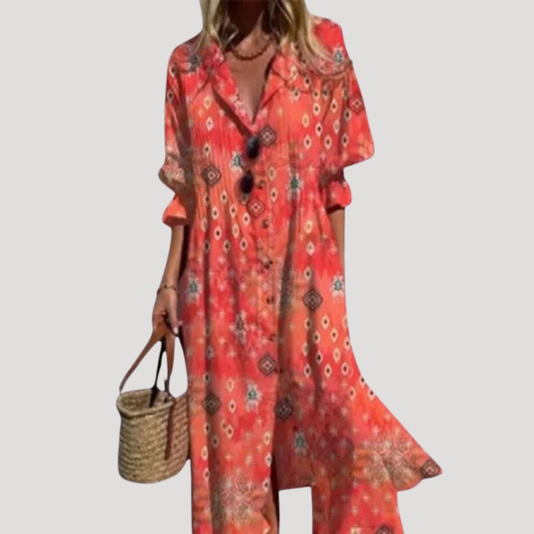 Flora Women’s Maxi Dress featuring a stylish button front and vibrant floral print, perfect for summer outings and casual events. 2