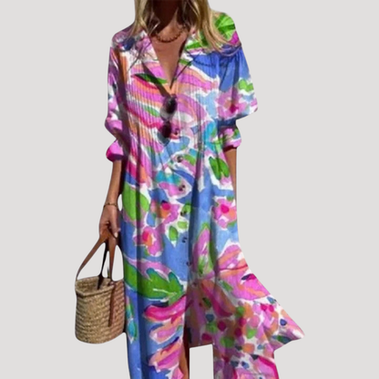 Flora Women’s Maxi Dress featuring a stylish button front and vibrant floral print, perfect for summer outings and casual events. 3